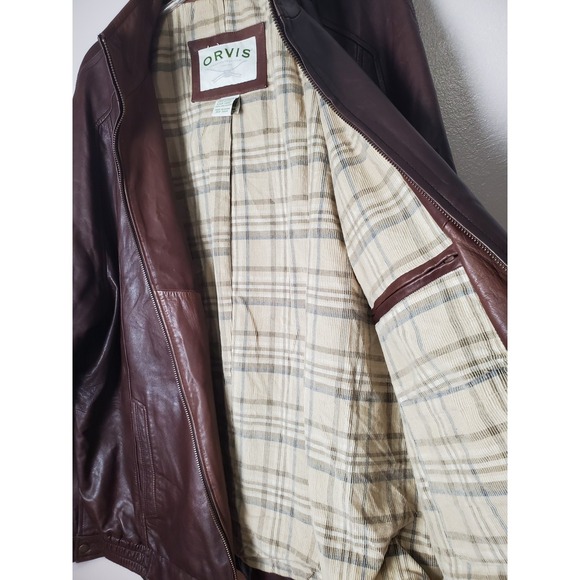 Orvis Sporting Traditions Men's Large Brown Leather Bomber Jacket Buttery Soft - Picture 2 of 12
